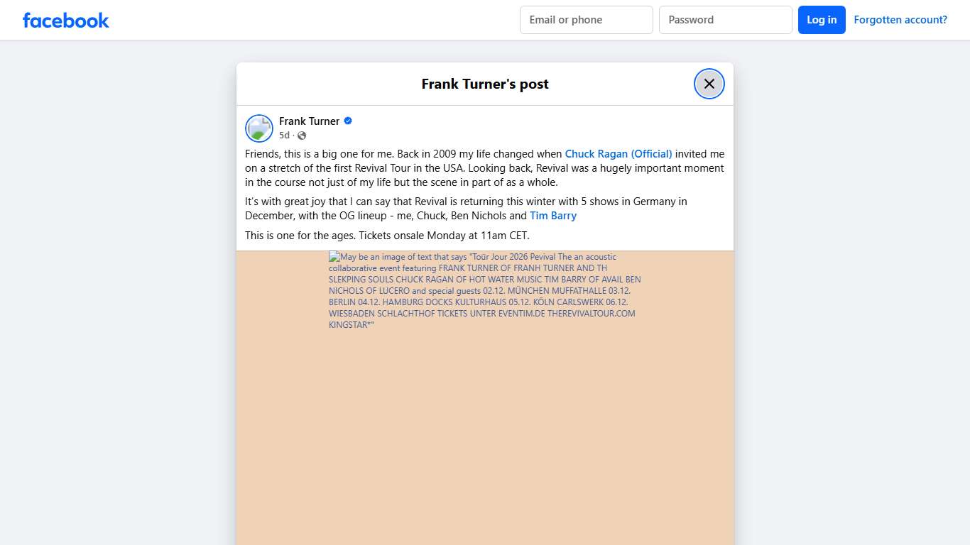 Frank Turner - Friends, this is a big one for me. Back in... Facebook