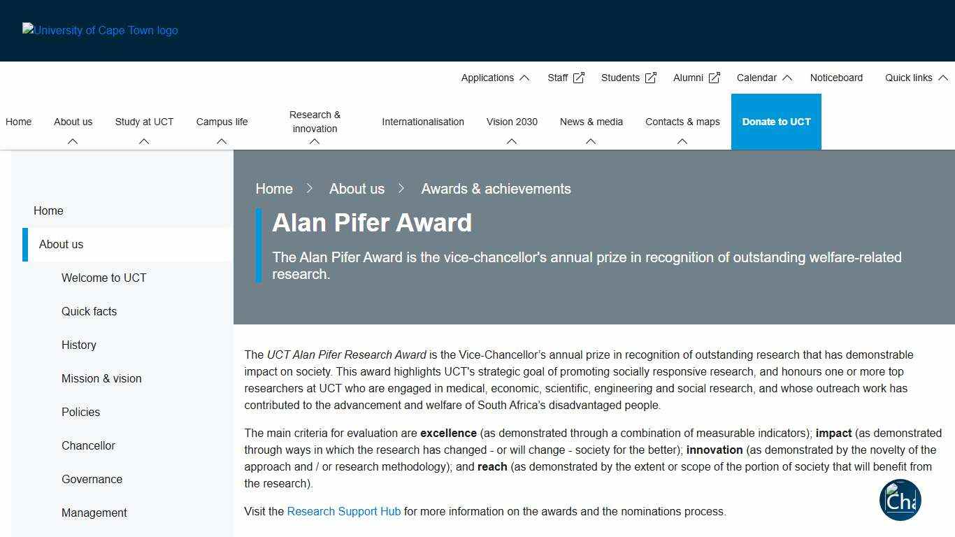 Alan Pifer Award University of Cape Town